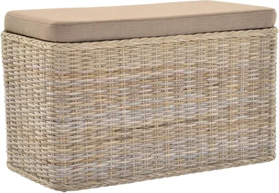 A rectangular rattan storage bench with a beige upholstered top, shown from the front against a white background.