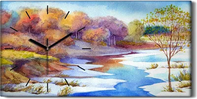 Produktbild von Küchenuhr Bürouhr Leinwand Uhr Geräuschlos Kunstdruck 60x30 Aquarell Bäume Fluss - schwarze Hände