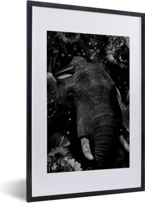 Produktbild von MuchoWow® Gerahmtes Poster Botanischer Elefant mit hellen Kugeln auf schwarzem Hintergrund - schwarz und weiß 40x60 cm - Poster mit Schwarzem Bilderrahmen Wandposter Rahmen Foto Bilder - Poster in Rahmen