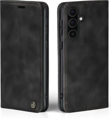 A black flip case for a smartphone, shown from two angles.
