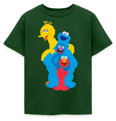 Produktbild von Spreadshirt Sesamstraße Elmo Grobi Krümelmonster Bibo Kinder T-Shirt, 98/104 (3-4 Jahre), Forstgrün