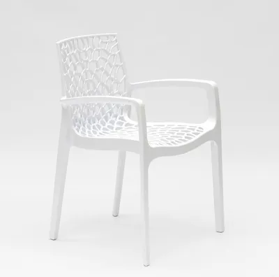 A white plastic chair with a patterned seat and backrest is shown against a white background.