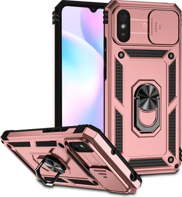 Produktbild von Redmi 9A Hülle mit Schiebe Kamera Schutz und Ringhalter Ständer Robust Rüstung Schutzhülle für Xiaomi Redmi 9A Rosa