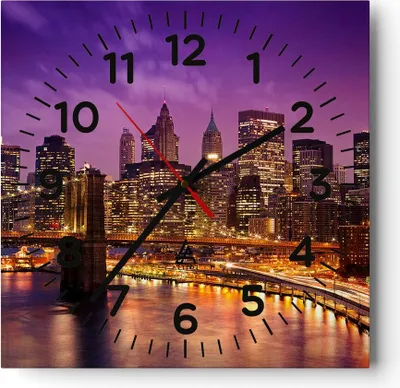 Produktbild von Wanduhr - Quadrat - Glasuhr - New york nacht brooklyn brücke - 40x40cm - Schleichendes Uhrwerk - Lautlos - zum Aufhängen bereit - Dekoration Modern - Wanddekoration aus Glas - C4AC40x40-2660