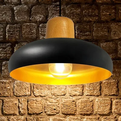 Produktbild von Androa Hängelampe Esstisch Gold Metall 40 cm 1 flamming, Deckenlampe Pendelleuchte Esstisch Holz Vintage Deckenleuchte Küchenlampe Hängend - Schwarz