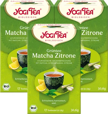 Three boxes of Yogi Tea Matcha Zitrone tea.