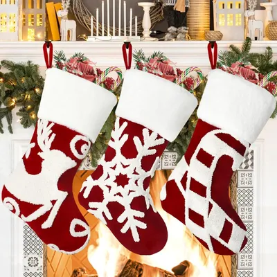 Weihnachtsstrümpfe Set mit 3, 45 cm, rot, bestickt, für Kamin