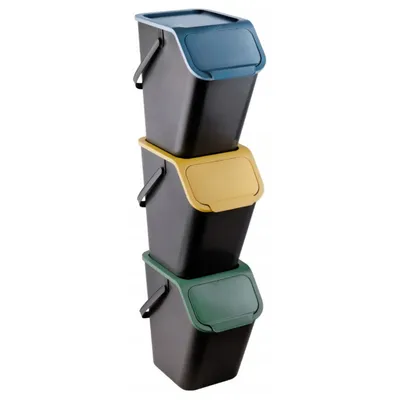 Image de Practic Bini set de 3 poubelles, poubelle, empilable, couvercle avec système clic, cuisine système de tri des déchets 3x poubelles avec couvercle 3x25L filtre inclus