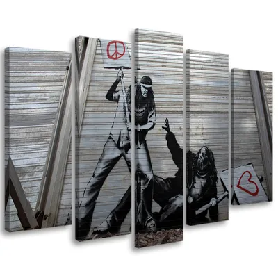 Produktbild von 5-teiliges leinwandbild banksy wandbild straßenkunst 150x100 cm Feeby grau wandbild bereit zum aufhängen