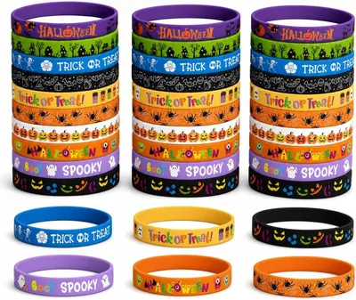 Image de Bracelets en silicone sur le thème d'Halloween, lot de 36, avec 10 motifs différents, de couleurs variées, pour les fêtes
