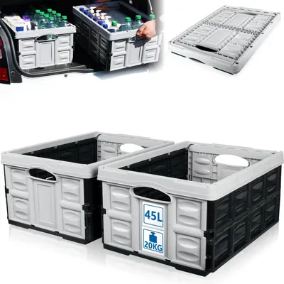 A collage of images showing folding storage boxes, including one being loaded into a vehicle and a close-up of two boxes with capacity and weight information.