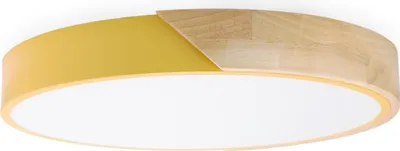 Image de Plafonnier LED rond, diamètre 40 cm, 24 W, 2400 lumens, en métal jaune et bois naturel, avec lumière réglable (3000K-4000K-6000K)