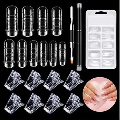 Produktbild von 100 Stück Dual Nail Forms Set, Nagelverlängerung Doppelte künstlicher, Nagelverlängerung Verlängerung Nagel Gel Formen Nagelform Set mit Dual-Ended Nagel Pinsel, für UV-Acryl Nagel Werkzeug