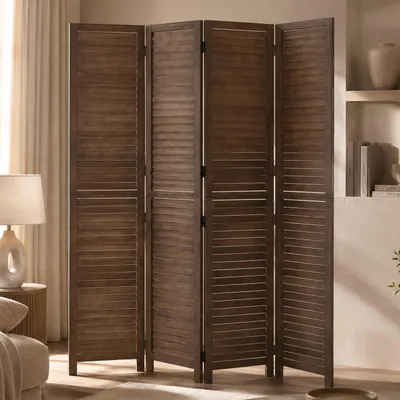 Zdjęcie produktu dla Parawan HWC-C30b, przegroda do pomieszczenia, ściana działowa, osłona, styl vintage, drewno paulownia, 180x161 cm, kolor brązowy