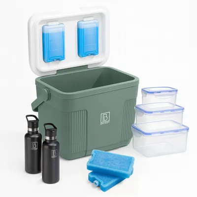 Produktbild von Brisby Kühlbox 22 l – Grüne Kühlbox – Bis zu 40 Stunden Isolierung – Inklusive 4 x 450 ml Kühlelemente, 3-teiligem Vorratsdosen-Set und 2 x 500 ml Thermosflaschen aus schwarzem Edelstahl – Intelligenter Verschluss – Kühlelemente im Deckel integriert