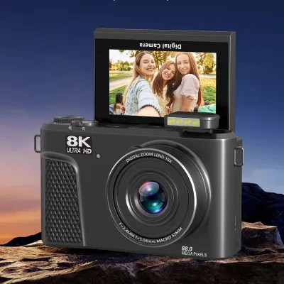 Productafbeelding van 88 MP 8K-camera, 18x zoom, automatische scherpstelling, 3-inch scherm, 180° draaibaar scherm, dubbele batterij, WiFi, spiegelloos, met lensdop, 32 GB geheugenkaart voor fotografie, zwart