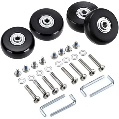 Obrázek produktu pro Sada náhradních koleček pro vozíky a kufry (45 x 18 mm), včetně gumových a kovových koleček, včetně kuličkových ložisek a opravné sady, černá