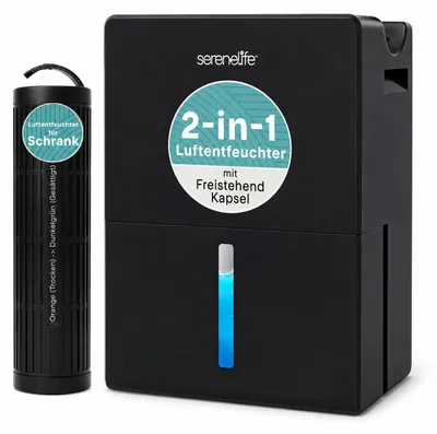 Imagen del producto de Deshumidificador SereneLife de 2,5 litros, silencioso, color . Deshumidificador y humidificador 2 en 1 para espacios cerrados