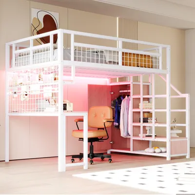 Produktbild von Flieks Etagenbett 140x200cm mit Schreibtisch und Regal, Kinderbett Hochbett mit Kleiderschrank, Jugendbett Doppelbett mit Eisengitter, Weiß
