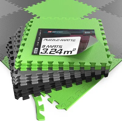 Produktbild von Hop-Sport Puzzlematte 9er Set - Unterlegmatte für Fitnessgeräte als Rutschfester Bodenschutz - Größe 60 x 60 x 1 cm -  Schwarz/Grau/Grün