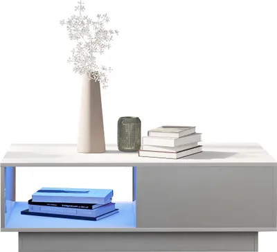 Produktbild von Couchtisch, moderner Hochglanz-Sofatisch, Couchtisch, rechteckiger weißer Wohnzimmertisch mit LED-Licht, 15 Farben für Teetisch, Haushaltsdekoration (