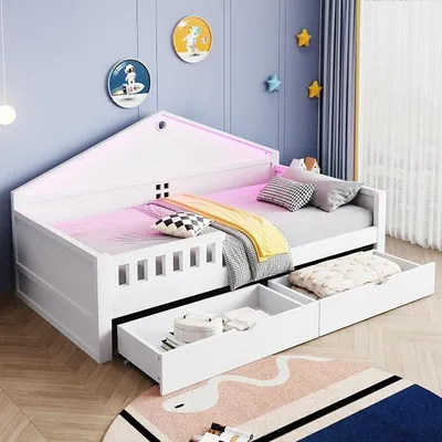 Obrázok produktu pre Detská postel 90x200 cm s LED osvetlením, 2 zásuvkami a latovým roštom, jednolôžková posteľ pre deti a mládež s úložným priestorom, nosnosť do 150 kg, vhodná do detskej izby, biela (bez matraca)