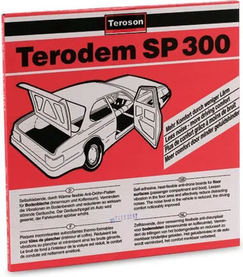 A box of Terodem SP 300 soundproofing material, showing a diagram of a car with the product applied.