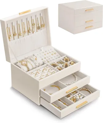 Productafbeelding van Sieradendoos met 3 niveaus, voor het opbergen van sieraden, wit