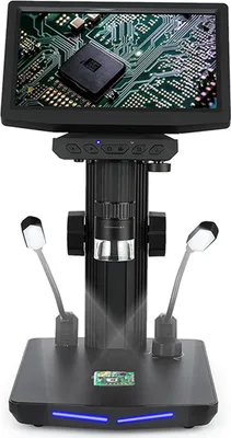 Obrázek produktu pro 7,0" digitální stolní mikroskop pro dospělé, zvětšení 50x až 1600x, IPS obrazovka, 8 MP foto, 1080P video, vestavěná dobíjecí baterie, LED plnící světla s nastavitelným stojanem, 32 GB TF karta