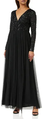 Produktbild von Damenkleid mit Langen Ärmeln für Hochzeitsgäste mit V-Ausschnitt Schwarz Größe 5