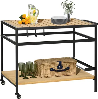 Produktbild von Servierwagen, Barbecue Trolley Mit 2 Regalen, Küchenwagen Mit Haken, Outdoor Multifunktionstisch Mit Rollen, Natur, 107 X 65 X 80Cm