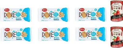 Produktbild von 6x Doria Dorè Kekse mit Vanille 304g 8 Portionen (4 Kekse) snack cookies + Italian Gourmet 100% italienische geschälte Tomaten dosen 2x 400g