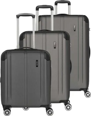 Three gray suitcases of different sizes are arranged diagonally.
