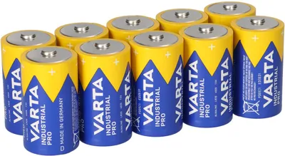 A group of VARTA Industrial Pro batteries arranged on a white background.