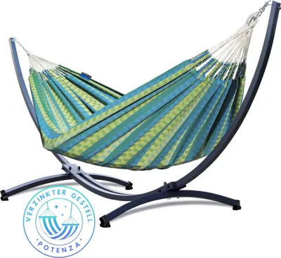 Produktbild von Potenza Outdoor Morena Hängematte mit Verzinkter Gestell für 2 Personen I 100% Baumwolle Doppelhängematte 230x160 cm, 220kg I Hängemattengestell 220kg, wetterfest