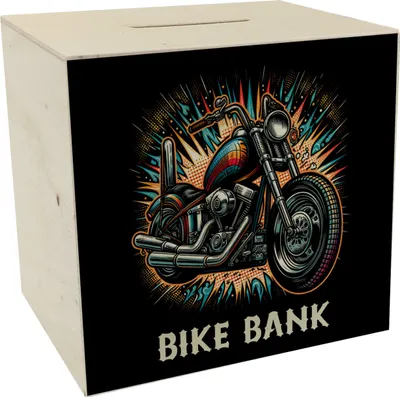 Produktbild von Chopper-Motorrad Spardose aus Holz mit Spruch Bike Bank