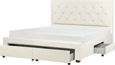 Produktbild von BELIANI Polsterbett Hellbeige Samtstoff 4 Schubladen Lattenrost 180x200 cm mit Hohem Kopfteil im Chesterfield Stil Knopfheftung Glamourös Schlafzimmer
