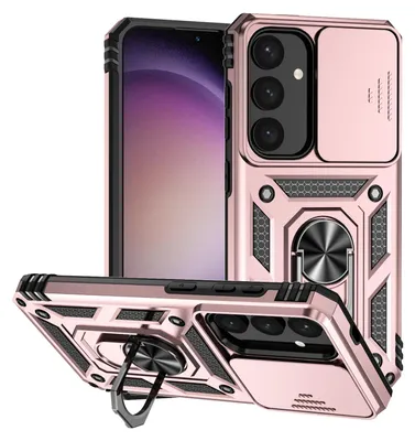 Immagine prodotto di Custodia per Samsung Galaxy S25+ a doppio strato con copertura fotocamera scorrevole e supporto ad anello Oro rosa