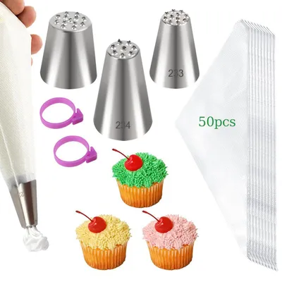 Immagine prodotto di Set di sacchetti per decorazioni, composto da: 50 sacchetti monouso, 3 bocchette in acciaio inossidabile, 2 fascette in silicone