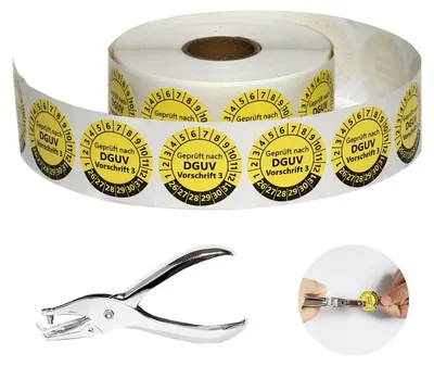 Prüfplaketten-Set DGUV V3, 1000 Stück, Ø30mm, gelb, selbstklebend