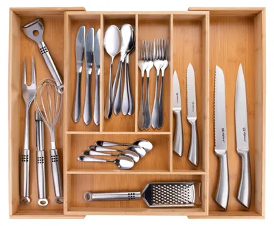 Immagine prodotto di Portaposate di bambù estensibile - 6-8 scomparti - 34-56,5 cm - 46 x 6 cm - Cassetto posate