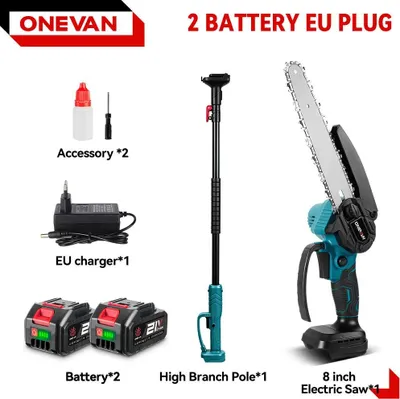 Image de Tronçonneuse télescopique électrique et taille-haie - Outil de jardinage 2-en-1 - Sans balais - 5500 W - Lame de 20 cm - Sans fil - Avec 2 batteries - Rouge