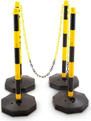 Produktbild von Bituxx 4 Absperrpfosten Kettenpfosten Poller Begrenzungspfosten Personenleitsystem mit 3x 1,50m Kette Kunststoff Gelb / Schwarz MS-19056