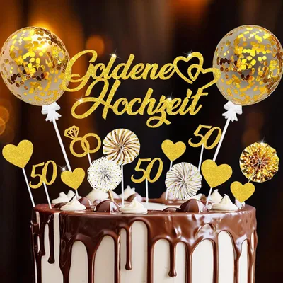 Immagine prodotto di Decorazioni per torta a tema "50° anniversario di matrimonio" dorate, set da 20 pezzi, con glitter