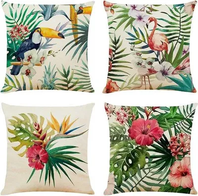 Zdjęcie produktu dla Zestaw 4 pokrowców na poduszki Unyqoos® o wymiarach 50 x 50 cm – len, motyw tropikalnych kwiatów i zwierząt (flamingi, tukany), kolorowe pokrowce na poduszki do sofy z ukrytym zamkiem błyskawicznym