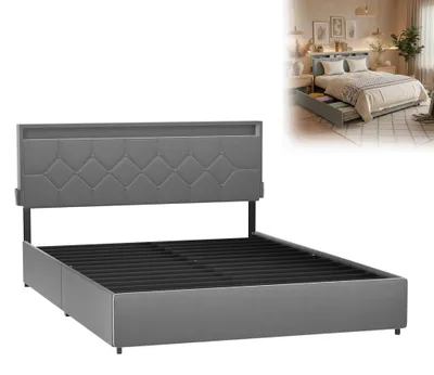 Obrázek produktu pro XMTECH čalouněná postel 140 x 200 cm s úložným prostorem, postel se 4 zásuvkami, velurová postel s úložným prostorem, čelo dvojlůžka, postel s úložným prostorem, světle šedá