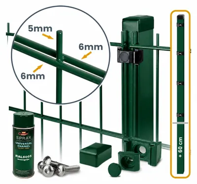Produktbild von ROYSSON® Doppelstabmattenzaun 6/5/6 Komplettset | 15 m Länge, 1430 mm + 600 mm Höhe, erweiterte Pfosten zum Einbetonieren – Grün