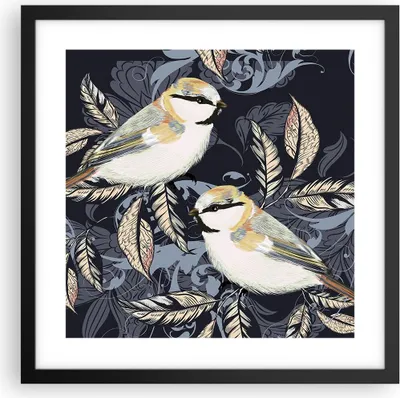 Produktbild von Gerahmtes Poster - Schwarzer Rahmen - Vögel Blätter Ornament - 40x40 cm - Wand Bild - Wanddeko - Wandbilder - Kunstposter - Wandposter - Bilderrahmen - Bilder - Kunstdruck - P2BAC40x40-4408