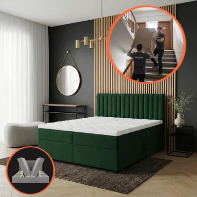 Obrázek produktu pro Čalouněná manželská postel Boxspring 180x200 cm - S úložným prostorem - Matrace Bonell H3 a Topper - Kompletní set - Lahvově zelená