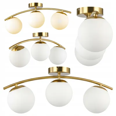 Three different styles of gold and white glass globe ceiling lights are displayed against a white background.
